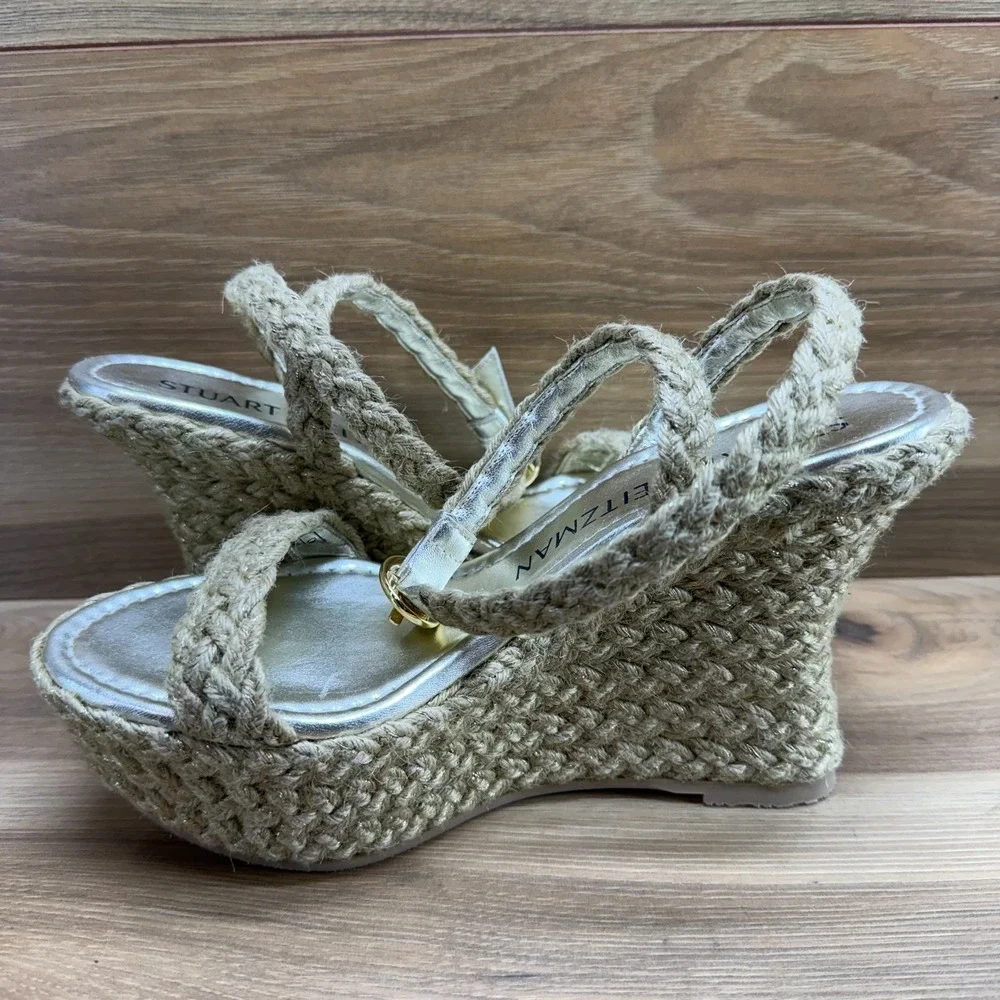 Stuart Weitzman Braida Wedge Heels 7 B Natural Jute Ankle Strap Platform - Picture 6 of 10
